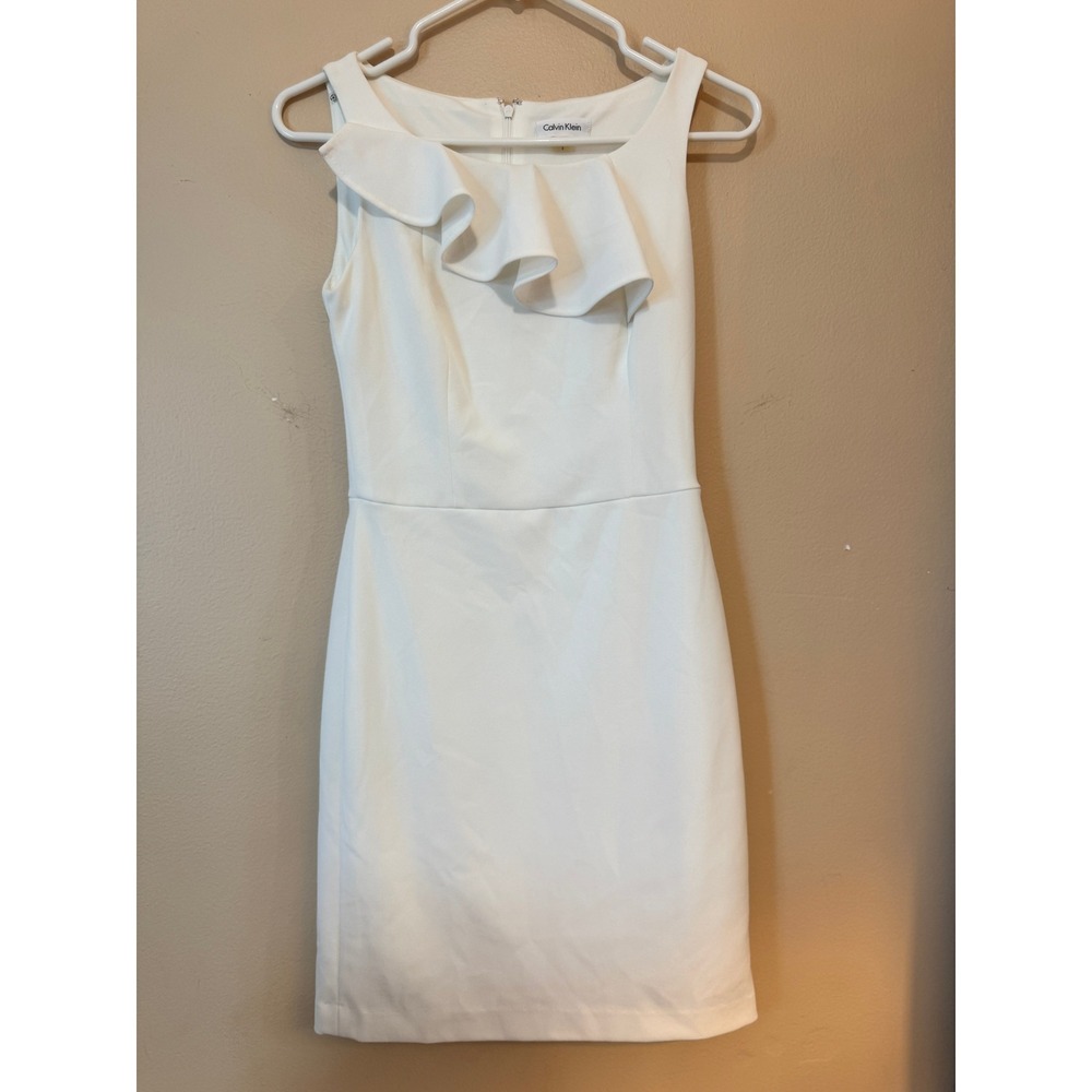 Calvin Klein White Ruffle Neck Sleeveless Sheath Dress Size 2